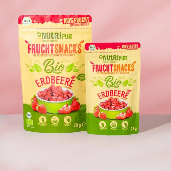 Hier ist ein Bild der von NutriPur zum Kauf angebotenen Varianten der gefriergetrockneten Bio-Erdbeeren.