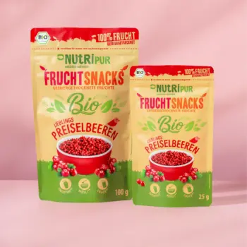 Von NutriPur zum Kauf angebotenen Varianten der gefriergetrockneten Bio-Preiselbeeren.