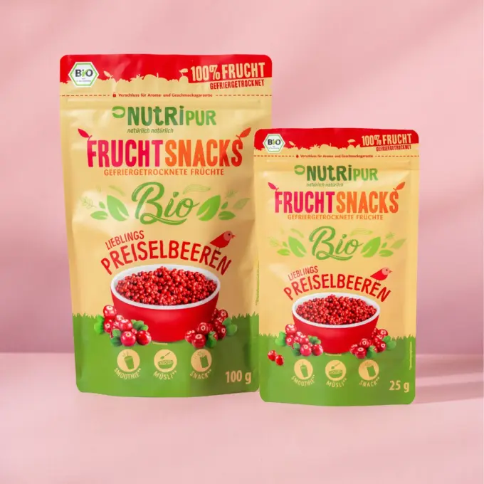 Hier ist ein Bild der von NutriPur zum Kauf angebotenen Varianten der gefriergetrockneten Bio-Preiselbeeren.