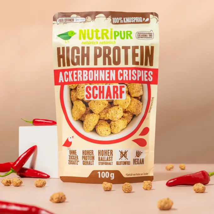 Detailbild der Verpackung und der scharfen Ackerbohnen Crispies