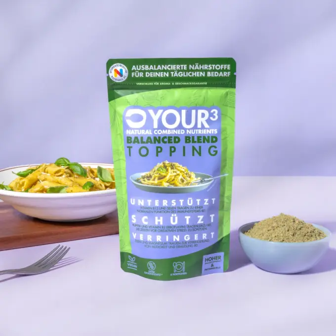 Detailbild der Verpackung und des nährstoffoptimierten Toppings