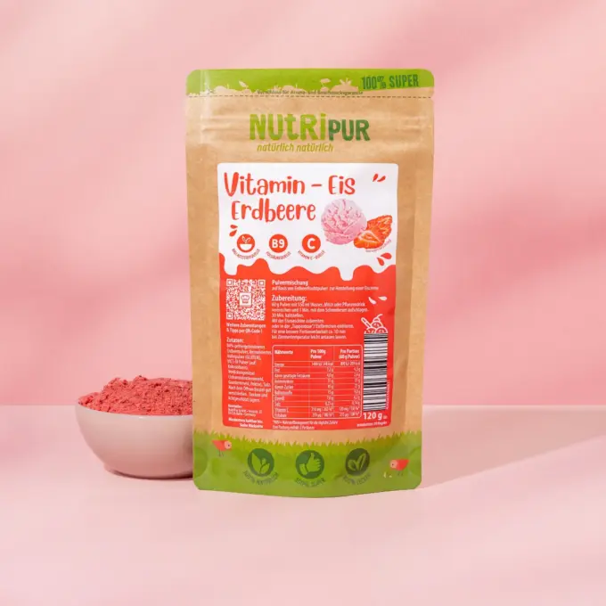 Hier ist ein Produktbild des NutriPur-Eispulvers für Vitamin-Eis Erdbeere