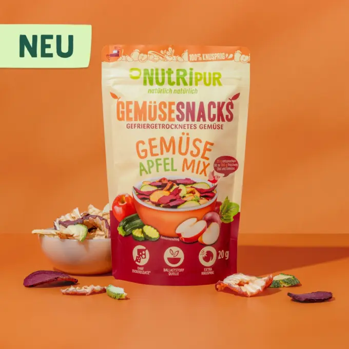 Hier ist ein Produktbild des gefriergetrockneten Gemüsesnacks Gemüse-Apfel-Mix von NutriPur