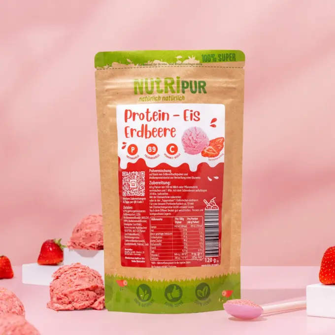 Detailbild zeigt Verpackung und Eiskugeln aus Protein-Eispulver