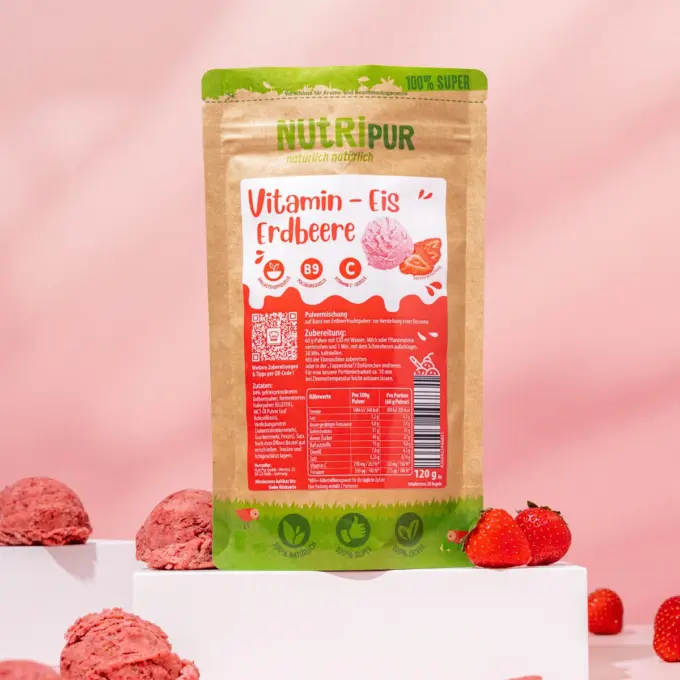 Detailbild zeigt Verpackung und Eiskugeln aus Vitamin-Eispulver