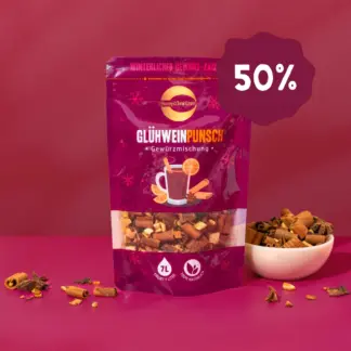 Hier ist ein Produktbild vom Bio Punsch- und Glühweingewürz von NutriPur. Jetzt 50 Prozent Rabatt