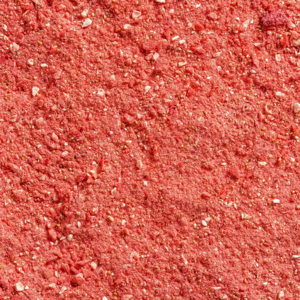 Ein Bild zeigt eine Makroaufnahme des gefriergetrockneten Erdbeer-Banane-Fruchtpulvers von NutriPur