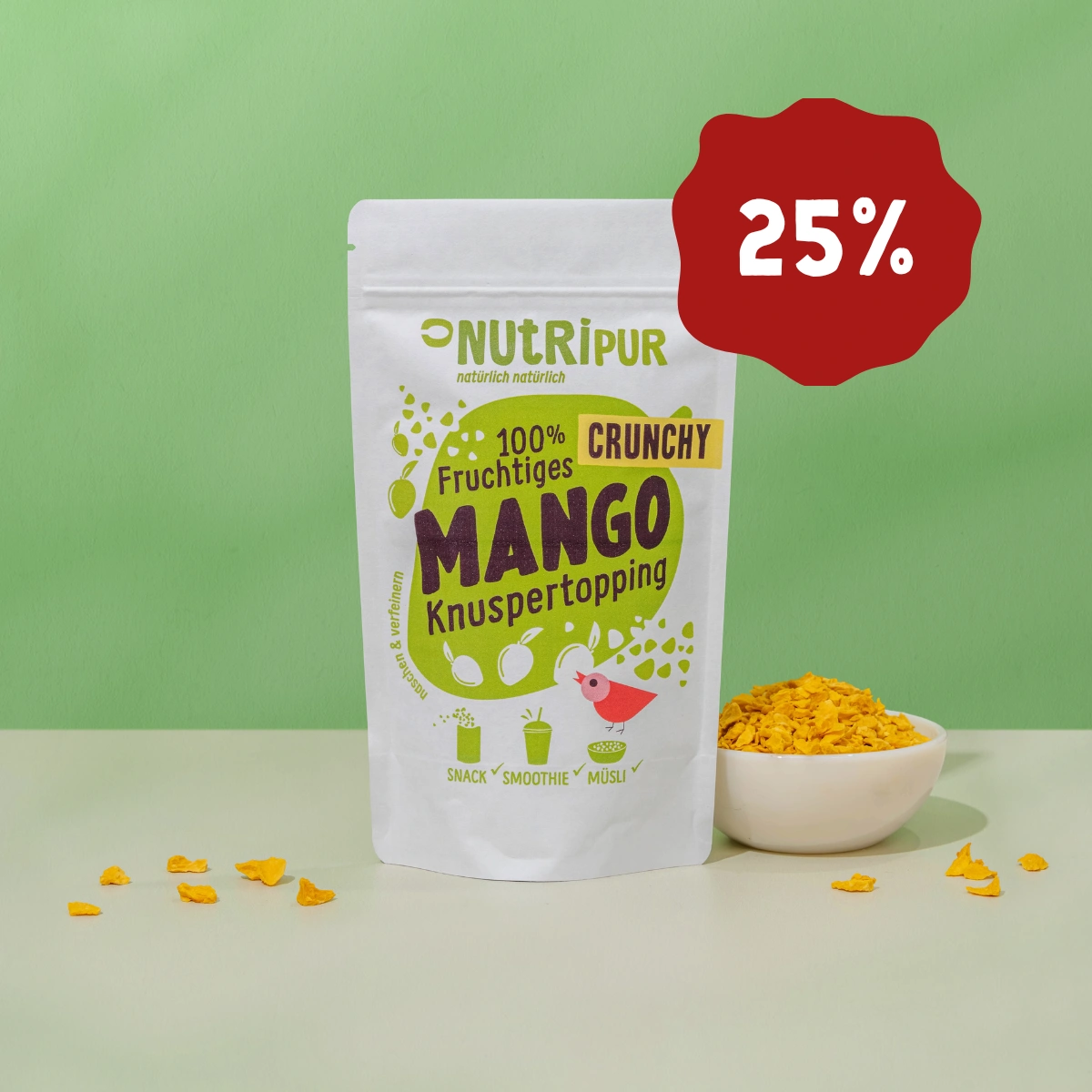 Hier ist ein Produktbild des Crunchy Mango Knuspertoppings von Nutripur