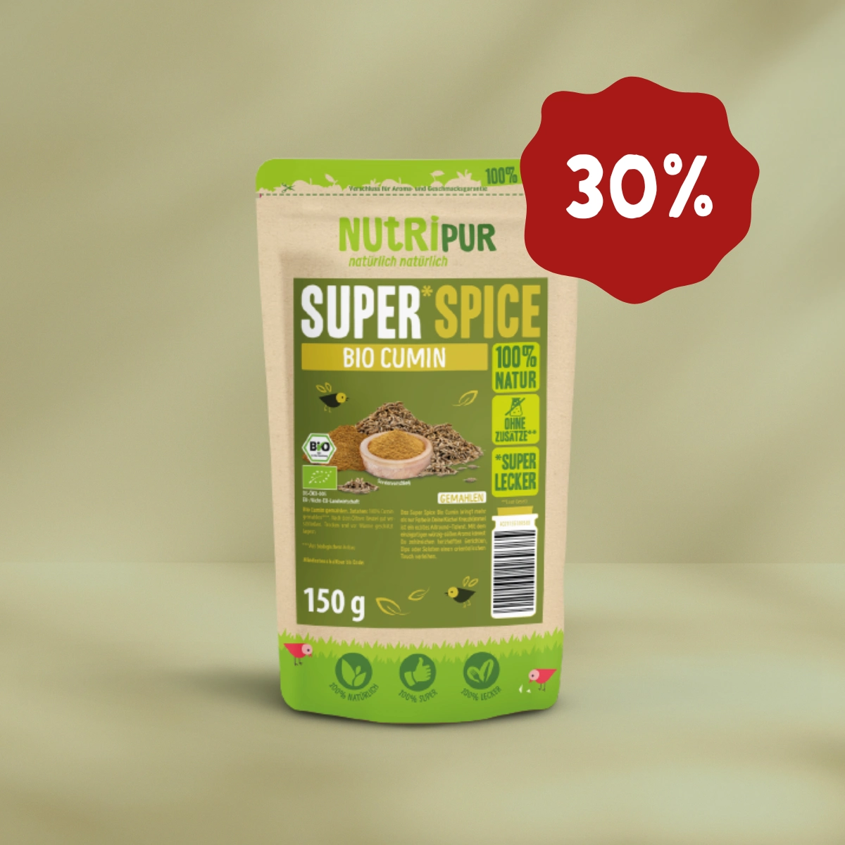 Hier ist ein Produktbild vom SuperSpice Bio-Cumin von NutriPur. Jetzt 30 Prozent Rabatt