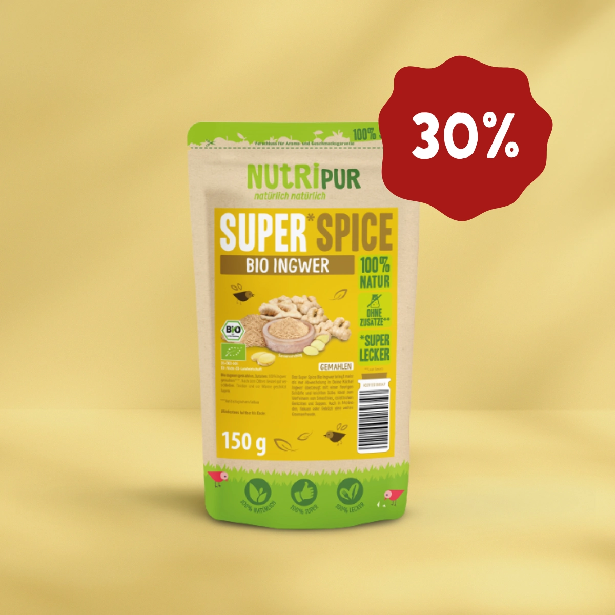 Hier ist ein Produktbild vom SuperSpice Bio-Ingwer von NutriPur. Jetzt 30 Prozent Rabatt