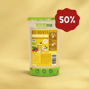 Hier ist ein Produktbild vom Supershot-Mix Bio-Ingwer von NutriPur. Jetzt 50 Prozent Rabatt