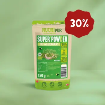 Hier ist ein Produktbild vom SuperPowder Bio Weizengras von NutriPur. Jetzt 30 Prozent Rabatt