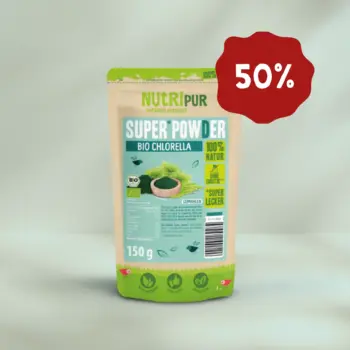Hier ist ein Produktbild vom SuperPowder Bio-Chlorella von NutriPur. Jetzt 50 Prozent Rabatt
